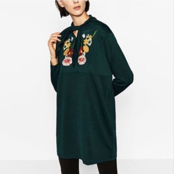 Zara Tunic Long Sleeve Empire Waist Green Floral Embroidered Ribbon Collar Size - Picture 3 of 10